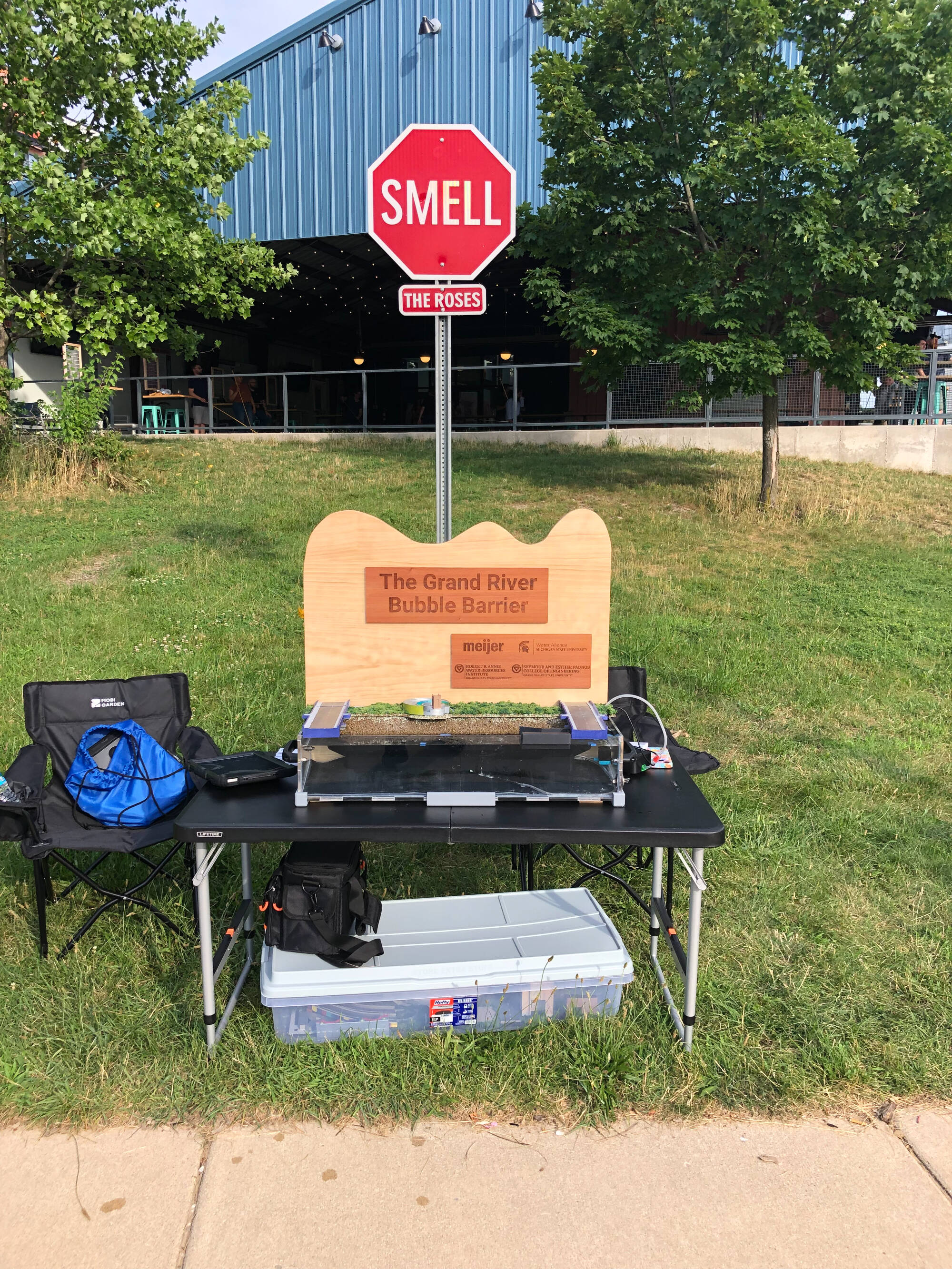 The miniature bubble barrier set up outside the Lansing Center